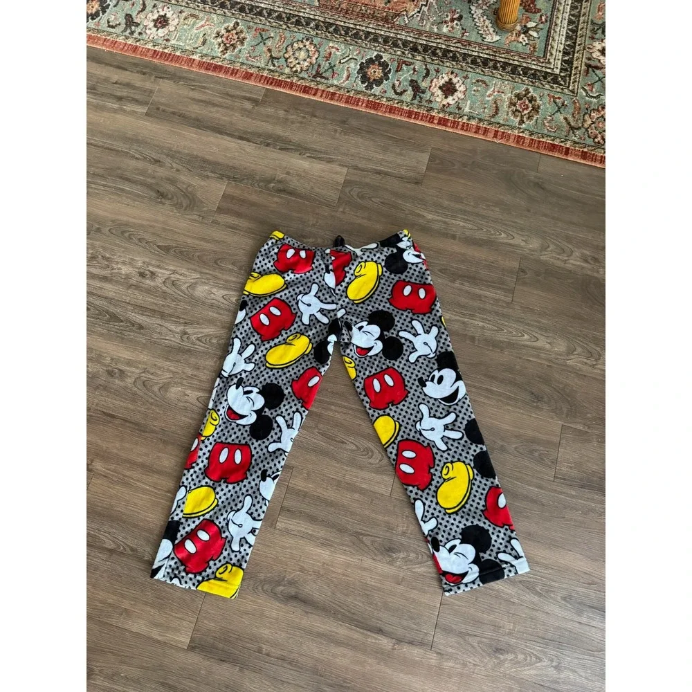 Disney Mickey Mouse Pajama Pants Plush Fleece Grey Polka Dot Kids Large 12-14